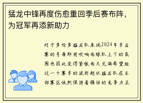 猛龙中锋再度伤愈重回季后赛布阵，为冠军再添新助力
